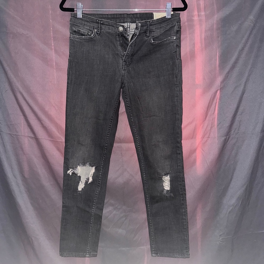 Gray, distressed, All Saints skinny jeans